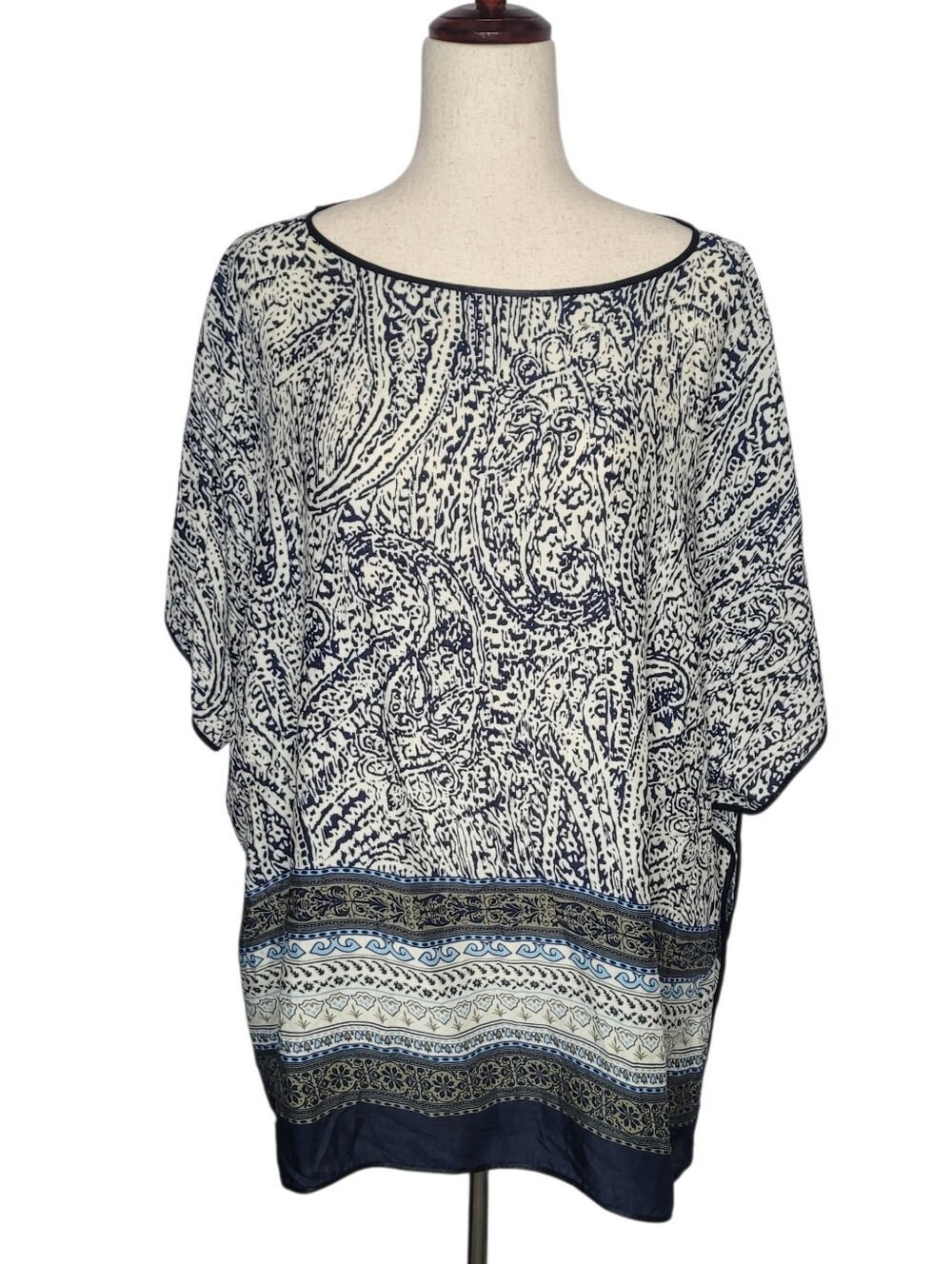 Arianna by Howard Sheer top Paisley Print Blue Tunic Caftan Poncho Sz OS Blouse